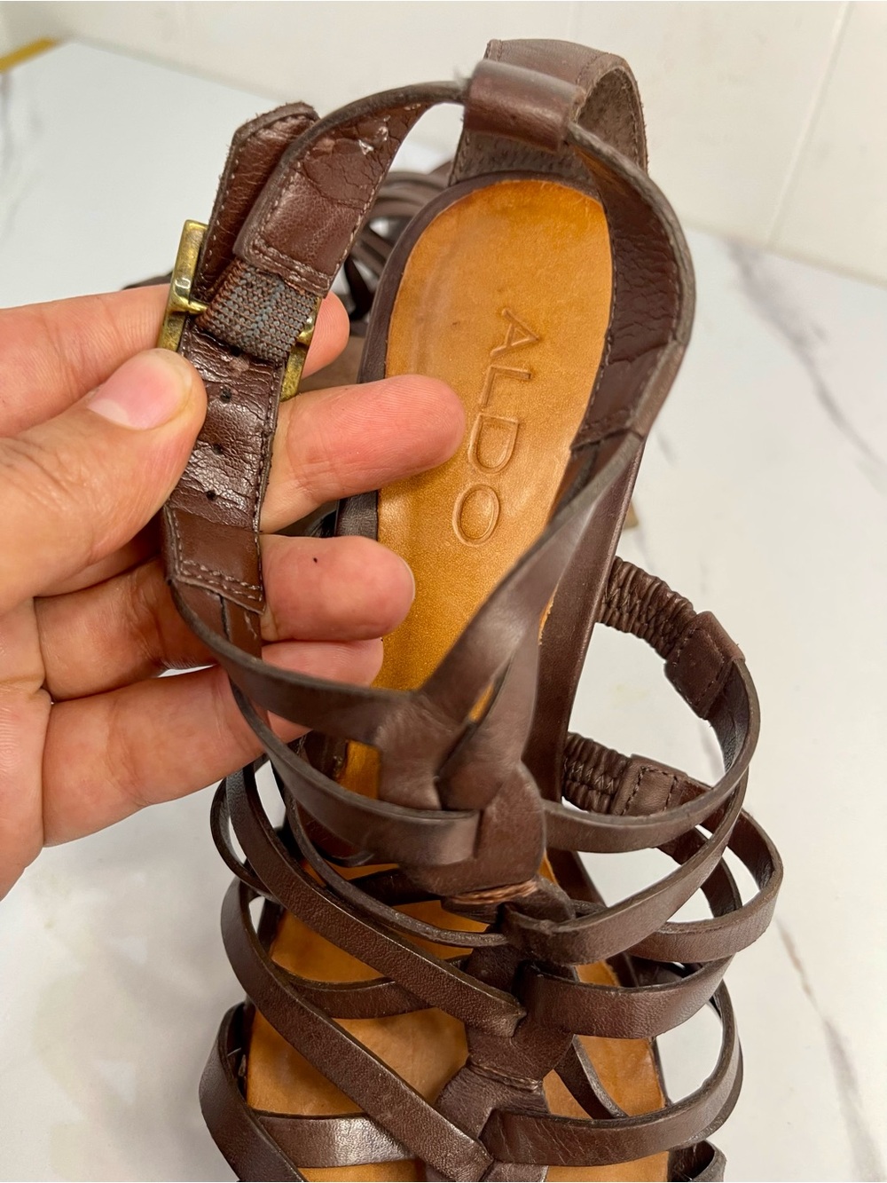 Aldo Brown Strappy High Heel Sandals with Intricate Design Sz EU 37/ US 6.5-7 - Picture 11 of 12